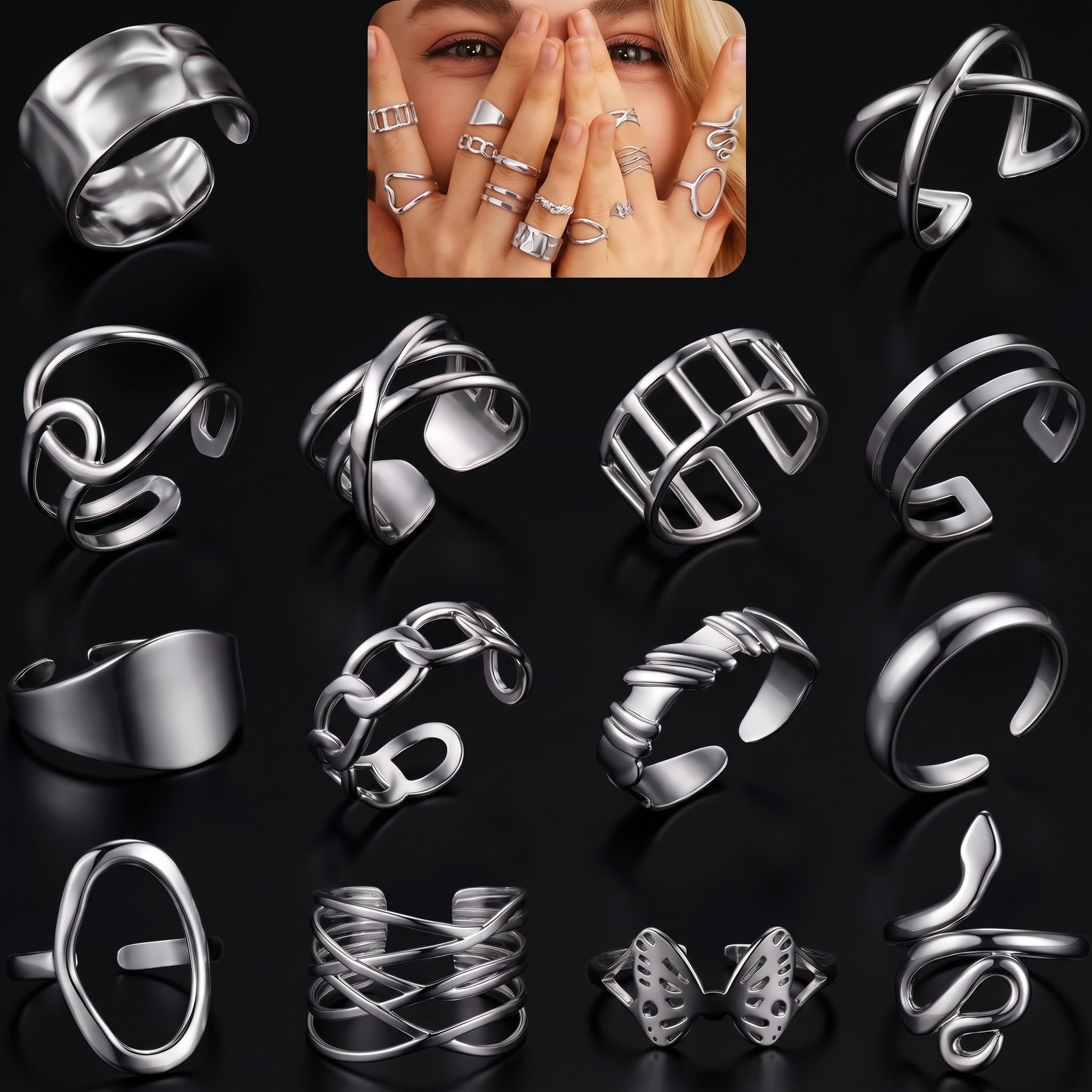 LOLIAS 14Pcs Chunky Stacking Rings Set - Stainless Steel Adjustable Knuckle Rings