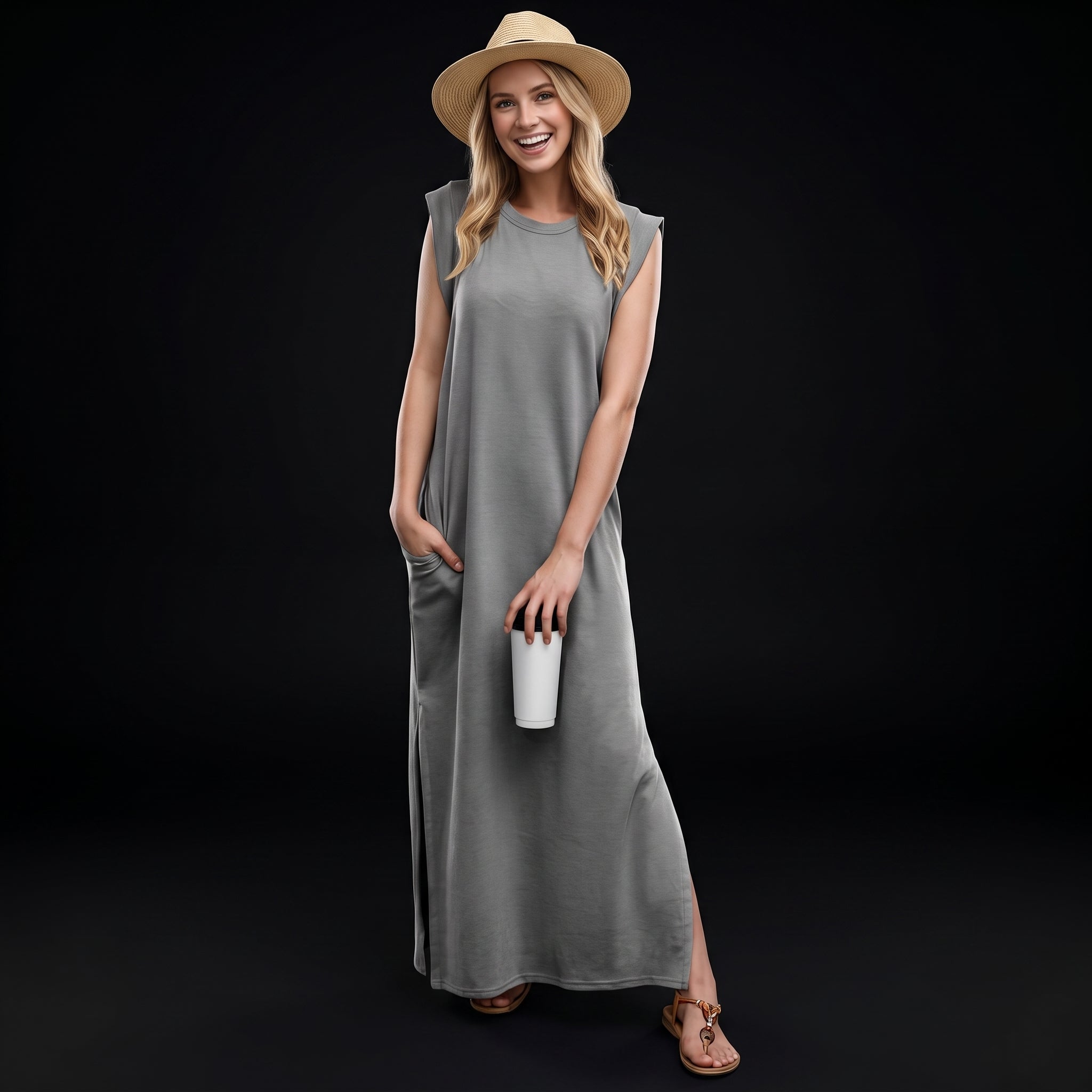 GRECERELLE Women's Summer Maxi Dress - Sleeveless with Split and Pockets