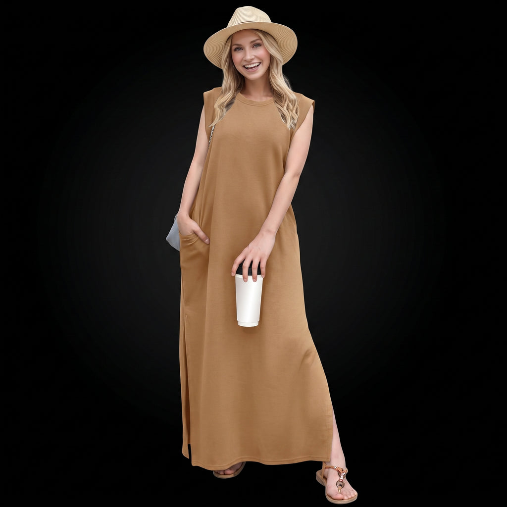 GRECERELLE Women's Summer Maxi Dress - Sleeveless with Split and Pockets