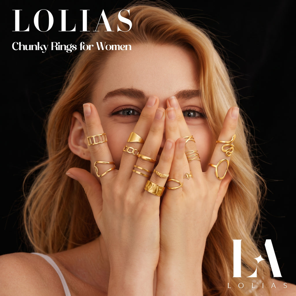 LOLIAS 14Pcs Chunky Stacking Rings Set - Stainless Steel Adjustable Knuckle Rings