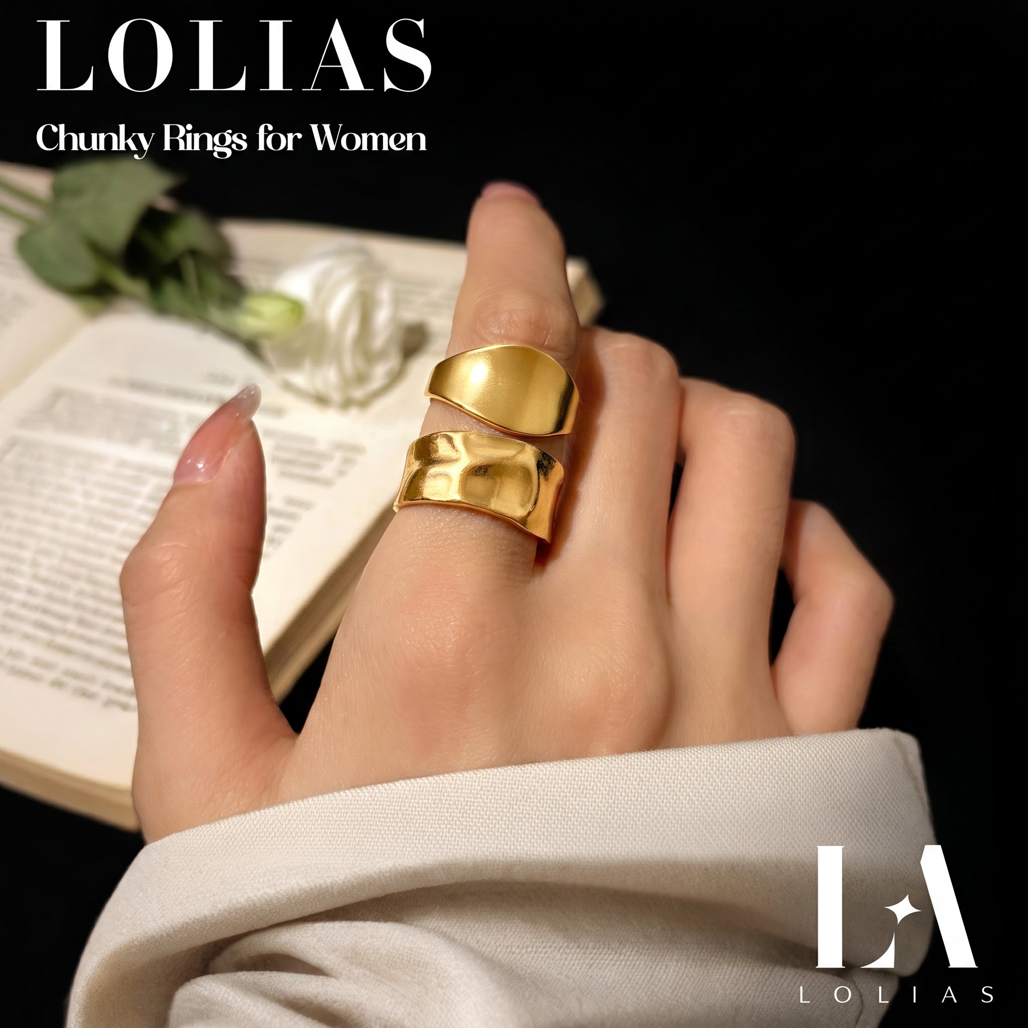 LOLIAS 14Pcs Chunky Stacking Rings Set - Stainless Steel Adjustable Knuckle Rings