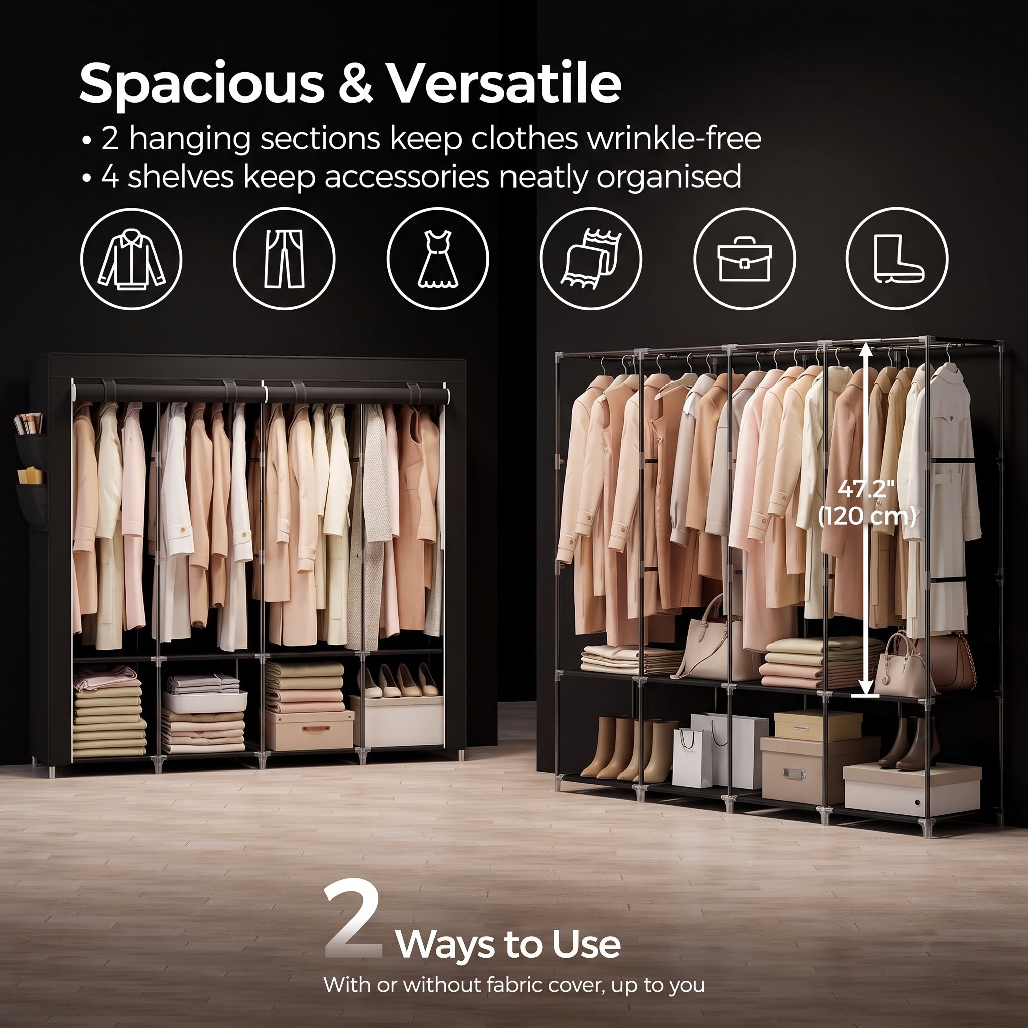 SONGMICS Portable Wardrobe - 4 Column Fabric Clothes Rack with Shelves & Pockets