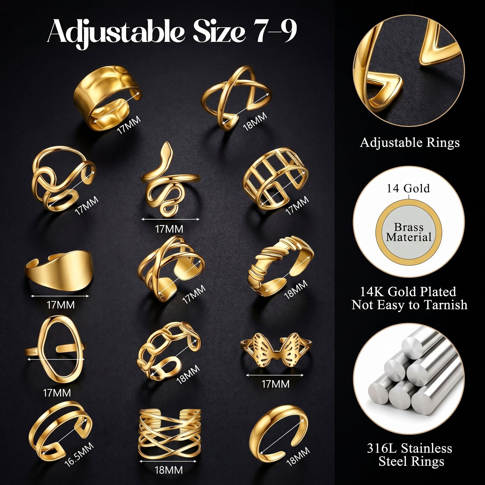 LOLIAS 14Pcs Chunky Stacking Rings Set - Stainless Steel Adjustable Knuckle Rings