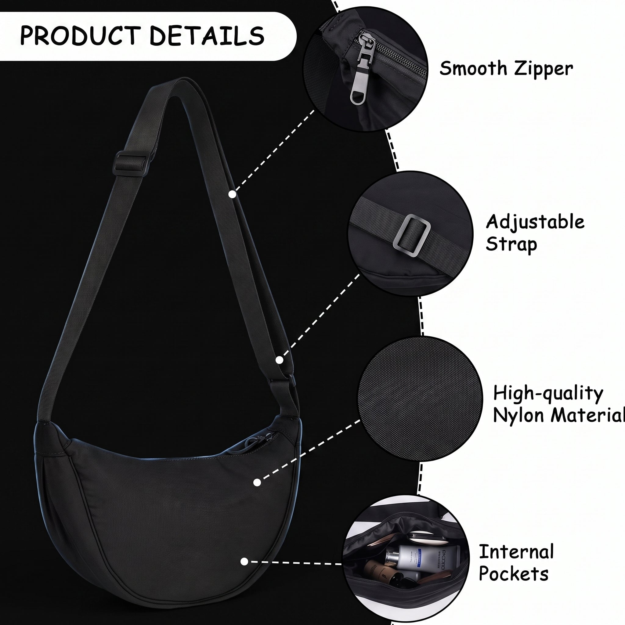 Aucuu Crescent Bag - Nylon Dumpling Hobo Crossbody Bag for Women