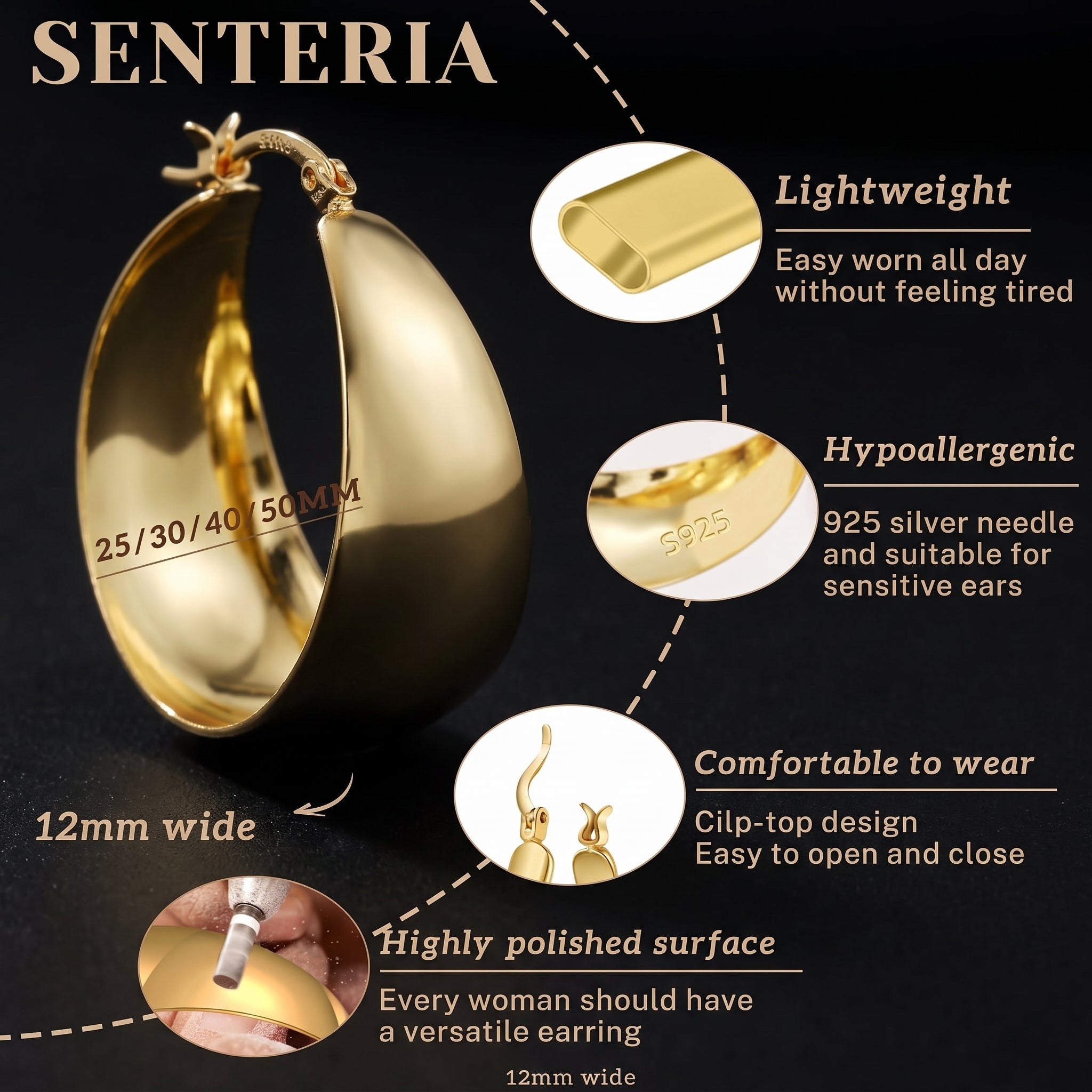 Senteria Chunky Hoop Earrings - 925 Sterling Silver, 14K Gold Plated