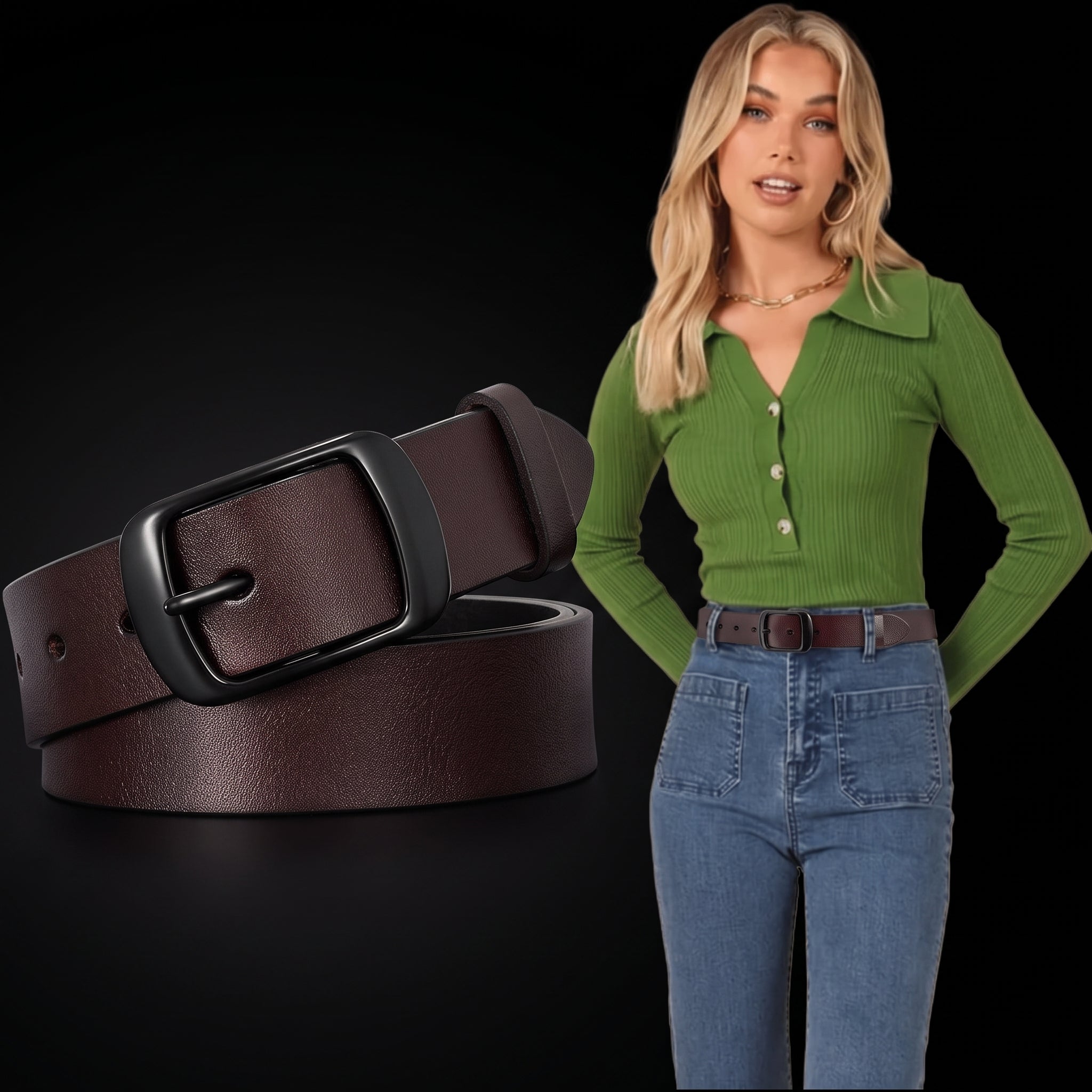 SUOSDEY Women's Leather Belt - Retro Metal Pin Buckle Waist Belt